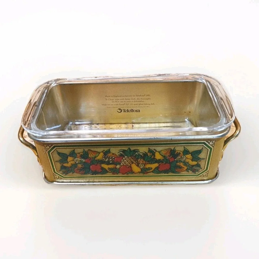 Vintage Pyrex 213 Teleflora Tin Holder & Clear Glass 213 Loaf Bread Pan 1.5 Qt